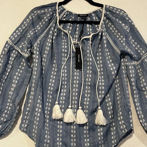 Love Sam Anthropologie Blue/white Boho Peasant Blouse Puff Sleeves Sz Small NWT - Picture 1 of 10